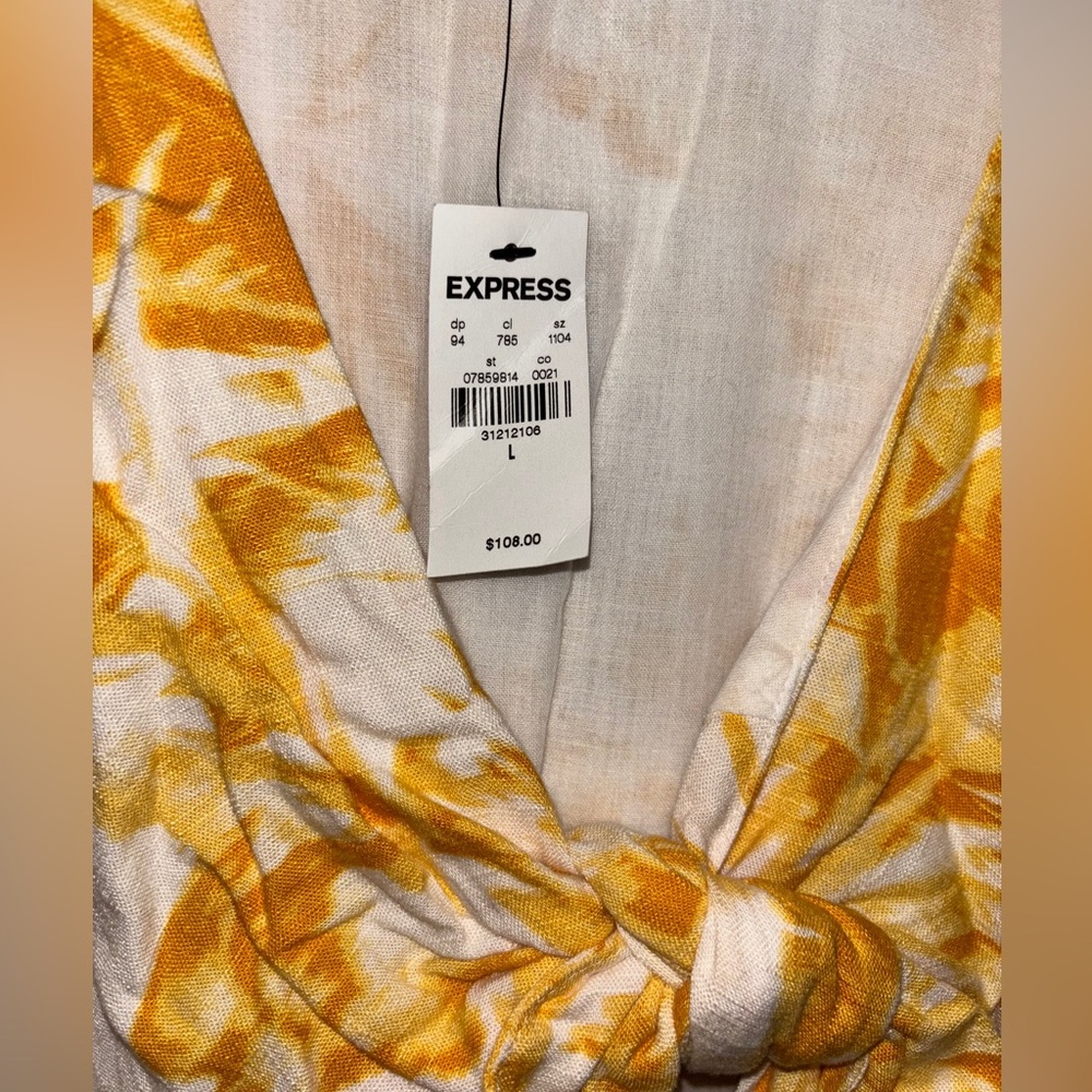 Express Women size Large Flutter Sleeve Tie Front Midi Linen Dress Yellow Gold - Picture 12 of 15